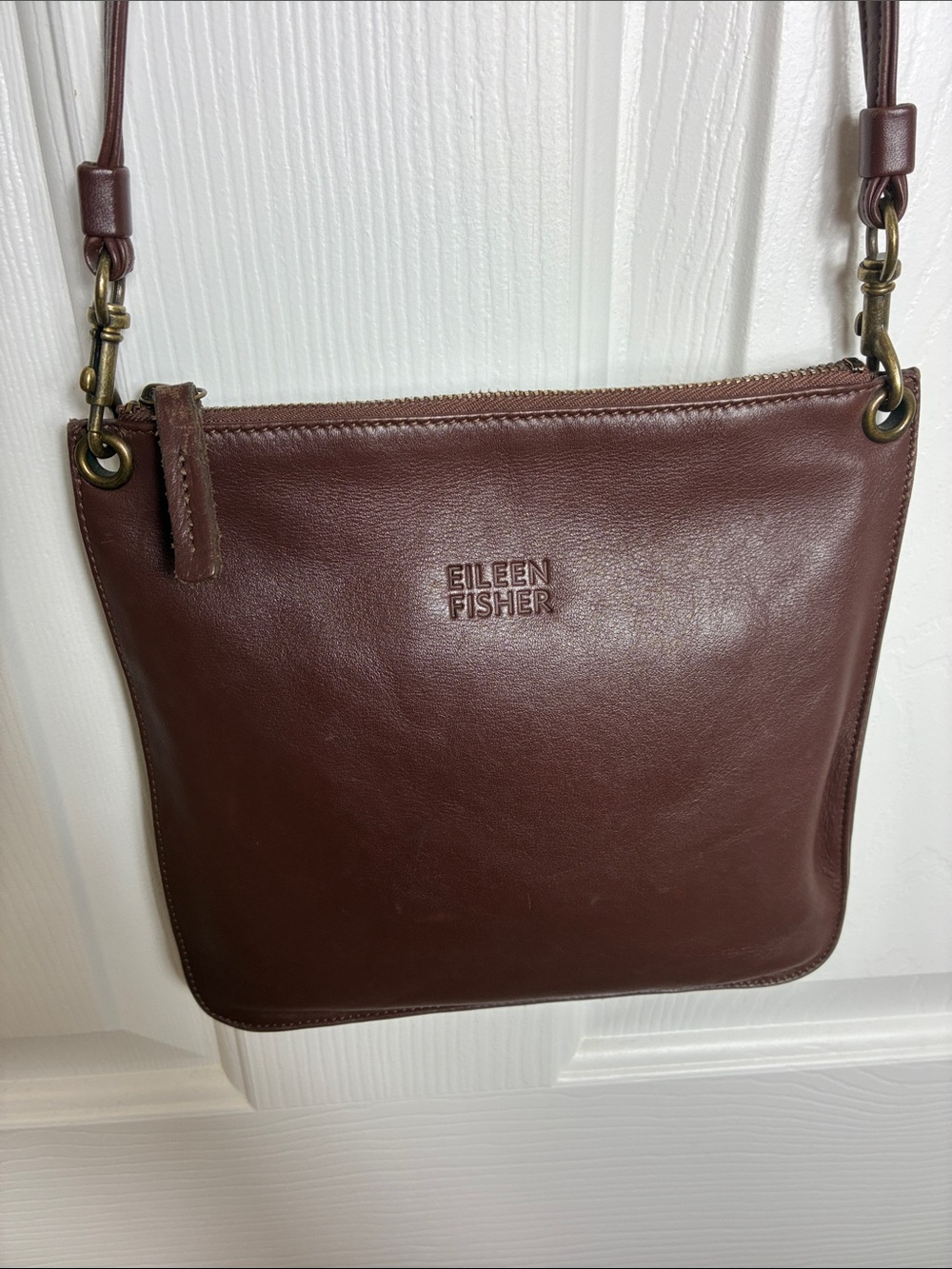 Eileen Fisher Dark Brown Leather Messenger Crossbody